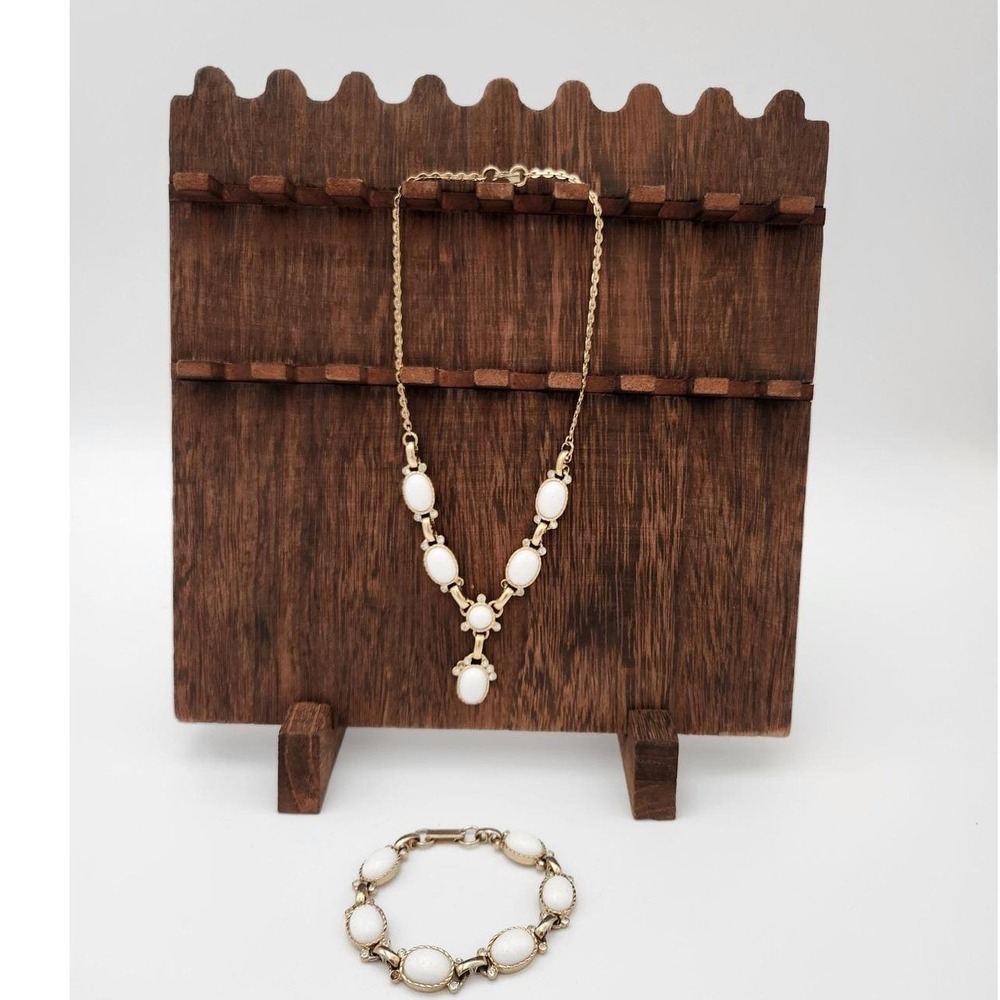 Vintage Jewelry Parure White Gold Mid-Century Milk Glass Y-Necklace‎ Bracelet